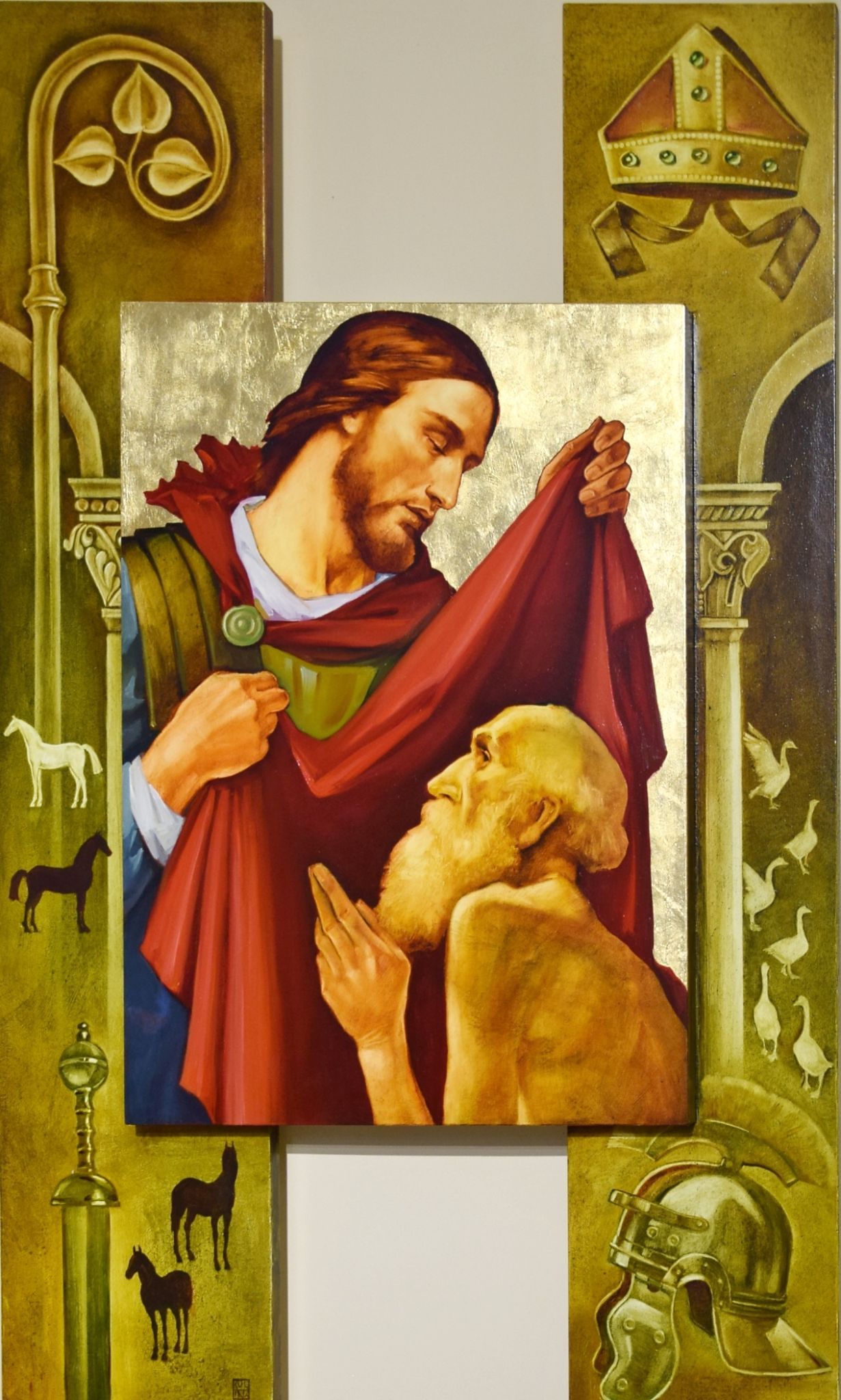 Obraz v presbytáři znázorňuje známou scénu obdarování žebráka sv. Martinem, který je zde ztotožněn se samotným Kristem. Po obou stranách je pomocí atributů znázorněn přerod Martina ze služebníka v armádě ve služebníka v církvi